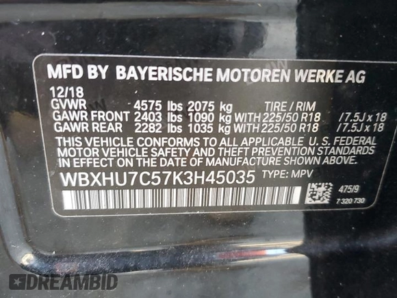 2019 BMW X1 sDrive28i with VIN WBXHU7C57K3H45035, listed as a Copart auction lot 47644493 with 34,629 mi miles and . Bid and sale history available at DreamBid. Image 14.