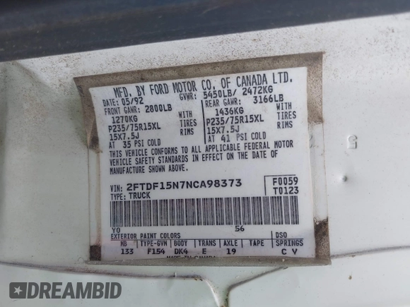 1992 Ford F-150 with VIN 2FTDF15N7NCA98373, listed as a IAAI auction lot 42365590 with Not provided miles and . Bid and sale history available at DreamBid. Image 9.