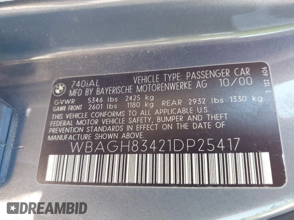2001 BMW 7 Series 740iL with VIN WBAGH83421DP25417, listed as a IAAI auction lot 41725971 with 165,599 mi miles. Bid and sale history available at carsss.com. Image 9.