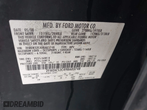 2009 Ford Flex SEL with VIN 2FMDK52C49BA03748, listed as a IAAI auction lot 41530749 with 220,190 mi miles. Bid and sale history available at carsss.com. Image 9.