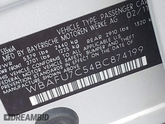 2011 BMW 5 Series 535i xDrive with VIN WBAFU7C54BC874199, listed as a IAAI auction lot 42111558 with 181,002 mi miles. Bid and sale history available at carsss.com. Image 9.