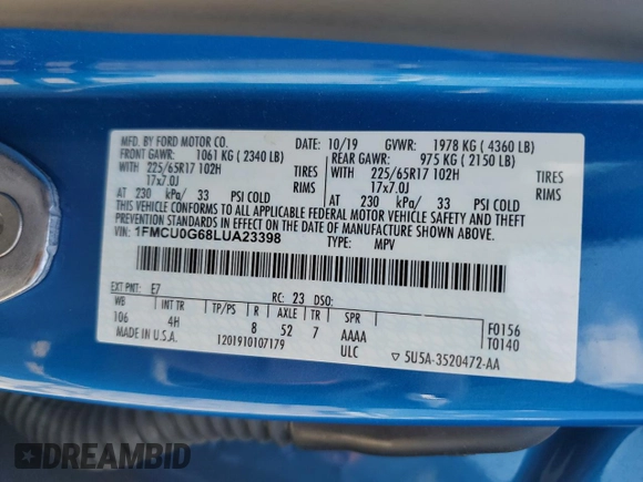 2020 Ford Escape SE with VIN 1FMCU0G68LUA23398, listed as a Copart auction lot 61943845 with 72,664 mi miles and Salvage title. Bid and sale history available at DreamBid. Image 14.