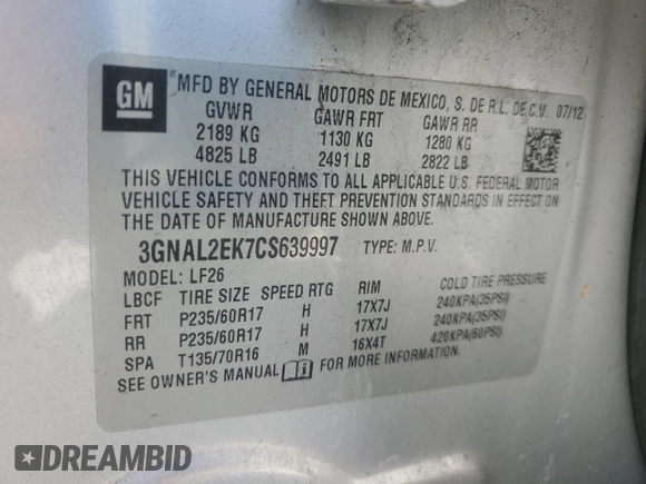 2012 Chevrolet Captiva Sport LS z VIN 3GNAL2EK7CS639997, wystawiony jako Copart lot #59946635 z przebiegiem 124 770 mil mil oraz Szkoda całkowita • Salvage title. Historia ofert i sprzedaży dostępna na DreamBid. Obrazek 12.