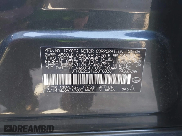 2006 Lexus IS 350 with VIN JTHBE262165010836, listed as a IAAI auction lot 42603334 with 68,219 mi miles and . Bid and sale history available at DreamBid. Image 9.