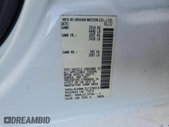 2022 Nissan Altima 2.0 SR with VIN 1N4AL4CV8NN323903, listed as a Copart auction lot 87129984 with 43,144 mi miles and Salvage Title. Bid and sale history available at carsss.com. Image 12.