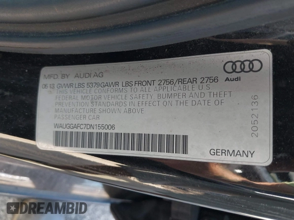 2013 Audi A6 Premium Plus with VIN WAUGGAFC7DN155006, listed as a IAAI auction lot 42535357 with 163,235 mi miles and . Bid and sale history available at DreamBid. Image 9.