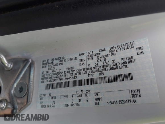 2015 Ford Escape S with VIN 1FMCU0F76FUA45883, listed as a IAAI auction lot 41892897 with 125,244 mi miles and . Bid and sale history available at DreamBid. Image 9.