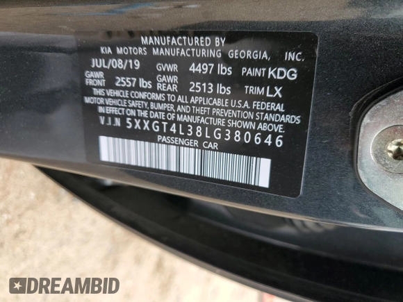 2020 Kia Optima LX with VIN 5XXGT4L38LG380646, listed as a Copart auction lot 50380995 with 59,167 mi miles and Clean Title. Bid and sale history available at carsss.com. Image 13.
