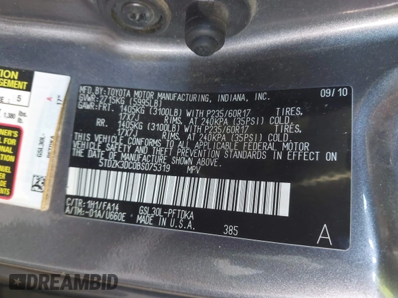 2011 Toyota Sienna with VIN 5TDZK3DC0BS075319, listed as a IAAI auction lot 41458855 with 211,583 mi miles. Bid and sale history available at carsss.com. Image 9.