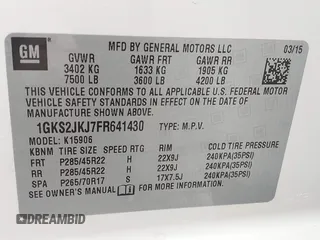 2015 GMC Yukon XL Denali with VIN 1GKS2JKJ7FR641430, listed as a IAAI auction lot 42163969 with 129,085 mi miles. Bid and sale history available at carsss.com. Image 9.