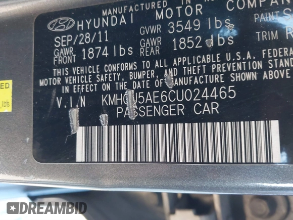 2012 Hyundai Accent SE with VIN KMHCU5AE6CU024465, listed as a IAAI auction lot 41591162 with 168,574 mi miles. Bid and sale history available at carsss.com. Image 9.