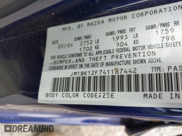 2004 Mazda 3 i with VIN JM1BK12F741187442, listed as a IAAI auction lot 41738287 with 232,217 mi miles and . Bid and sale history available at DreamBid. Image 9.
