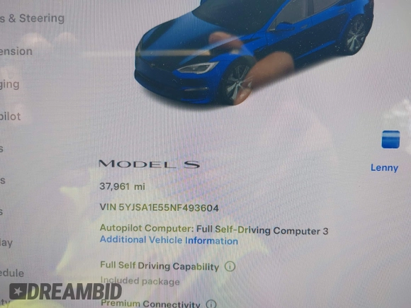 2022 Tesla Model S z VIN 5YJSA1E55NF493604, wystawiony jako IAAI lot #42503731 z przebiegiem 37 961 mil mil oraz . Historia ofert i sprzedaży dostępna na DreamBid. Obrazek 7.