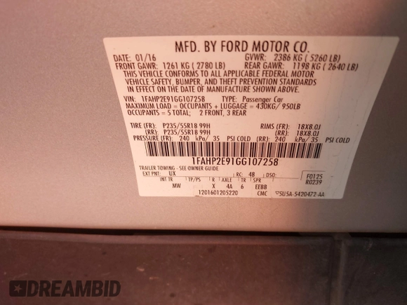2016 Ford Taurus SEL with VIN 1FAHP2E91GG107258, listed as a IAAI auction lot 41744087 with 135,505 mi miles and . Bid and sale history available at DreamBid. Image 9.