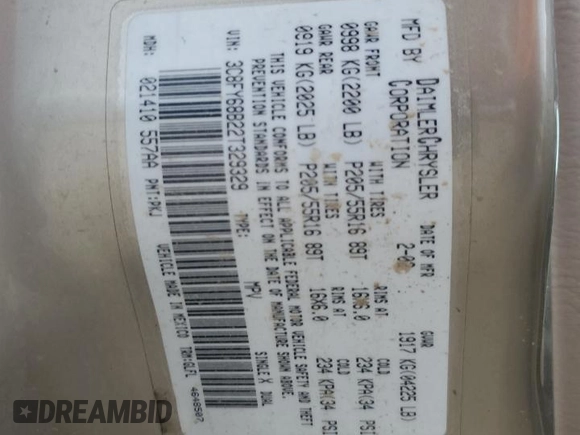 2002 Chrysler PT Cruiser Limited with VIN 3C8FY68B22T329329, listed as a Copart auction lot 60836885 with 99,398 mi miles and Salvage title. Bid and sale history available at DreamBid. Image 12.