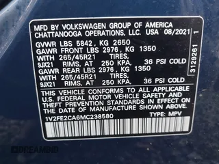 2021 Volkswagen Atlas SEL Premium R-Line with VIN 1V2FE2CA6MC238580, listed as a IAAI auction lot 41480812 with 54,427 mi miles and . Bid and sale history available at DreamBid. Image 9.