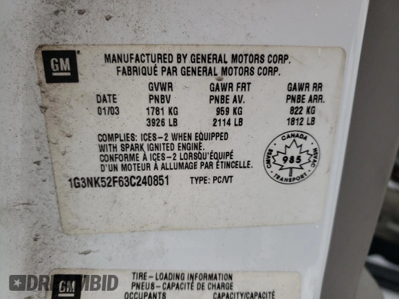 2003 Oldsmobile Alero GX with VIN 1G3NK52F63C240851, listed as a Copart auction lot 43152545 with Not Provided miles and Salvage Title. Bid and sale history available at DreamBid. Image 13.