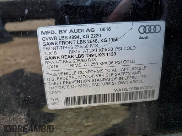 2017 Audi Q3 Premium with VIN WA1ECCFS5HR001511, listed as a Copart auction lot 60853085 with 70,818 mi miles and Salvage title. Bid and sale history available at DreamBid. Image 12.