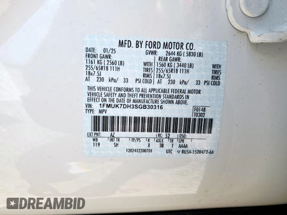 2025 Ford Explorer Active with VIN 1FMUK7DH3SGB30316, listed as a Copart auction lot 57450735 with 509 mi miles and Salvage title. Bid and sale history available at DreamBid. Image 14.