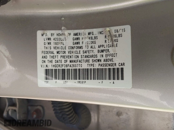 2015 Honda Accord LX with VIN 1HGCR2F36FA265770, listed as a IAAI auction lot 42106135 with 94,814 mi miles. Bid and sale history available at carsss.com. Image 9.