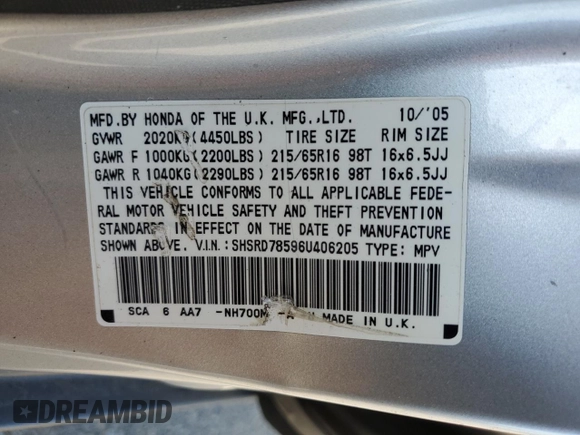 2006 Honda CR-V LX with VIN SHSRD78596U406205, listed as a Copart auction lot 53106305 with 212,569 mi miles and Non Repairable. Bid and sale history available at carsss.com. Image 13.