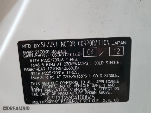 2012 Suzuki Grand Vitara Premium with VIN JS3TD0D66C4100845, listed as a Copart auction lot 53454565 with 106,415 mi miles and Salvage Title. Bid and sale history available at carsss.com. Image 13.