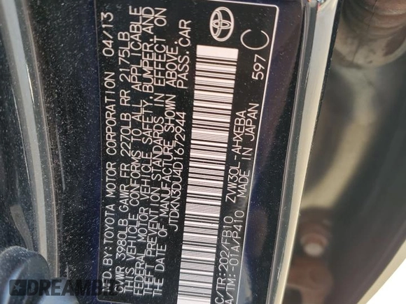 2013 Toyota Prius One with VIN JTDKN3DU4D1672944, listed as a Copart auction lot 46609085 with Not Provided miles and Salvage Title. Bid and sale history available at DreamBid. Image 12.