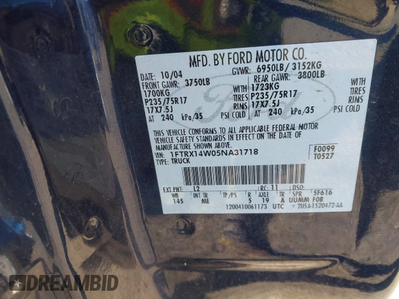2005 Ford F-150 STX with VIN 1FTRX14W05NA31718, listed as a IAAI auction lot 41735892 with 176,652 mi miles and . Bid and sale history available at DreamBid. Image 9.