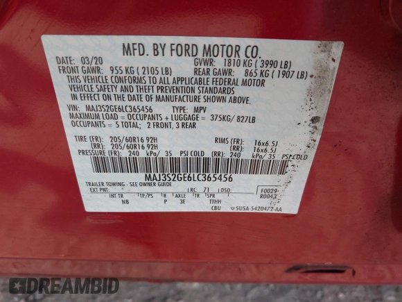 2020 Ford EcoSport SE z VIN MAJ3S2GE6LC365456, wystawiony jako IAAI lot #42084581 z przebiegiem 10 286 mil mil oraz . Historia ofert i sprzedaży dostępna na DreamBid. Obrazek 9.