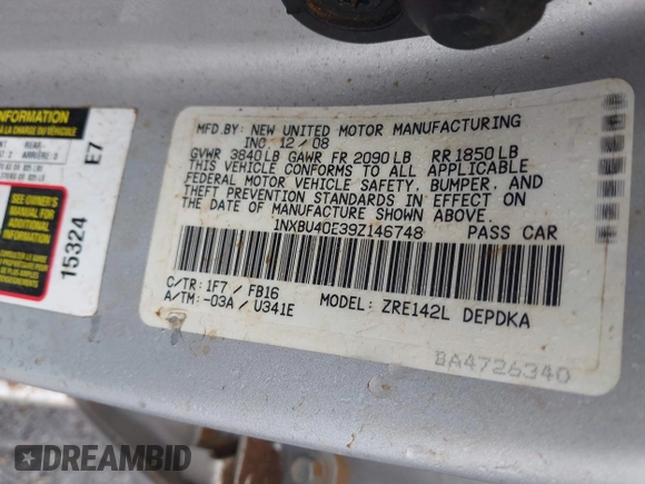 2009 Toyota Corolla with VIN 1NXBU40E39Z146748, listed as a IAAI auction lot 41523817 with 223,552 mi miles. Bid and sale history available at carsss.com. Image 9.