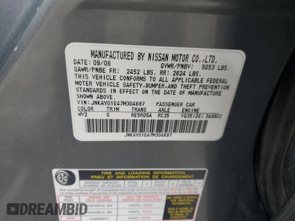 2007 Infiniti M Sport with VIN JNKAY01E47M304697, listed as a Copart auction lot 55483265 with 166,759 mi miles and Salvage title. Bid and sale history available at DreamBid. Image 12.