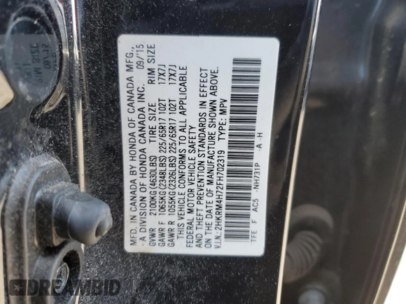 2015 Honda CR-V EX-L with VIN 2HKRM4H72FH702319, listed as a Copart auction lot 52350885 with Not Provided miles and Salvage Title. Bid and sale history available at carsss.com. Image 13.
