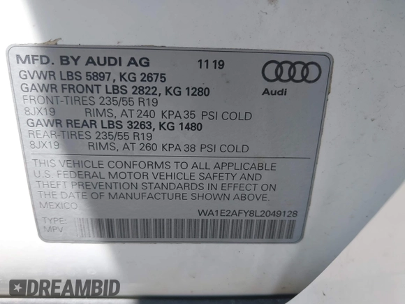 2020 Audi Q5 Premium Plus with VIN WA1E2AFY8L2049128, listed as a IAAI auction lot 42376021 with 65,498 mi miles and . Bid and sale history available at DreamBid. Image 9.