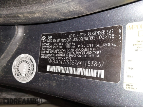 2008 BMW 5 Series 550i with VIN WBANW53578CT53867, listed as a IAAI auction lot 41589993 with 134,927 mi miles and . Bid and sale history available at carsss.com. Image 9.