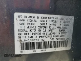 2007 Acura TSX Navi with VIN JH4CL96927C011121, listed as a Copart auction lot 59056935 with 193,982 mi miles and Salvage title. Bid and sale history available at DreamBid. Image 12.