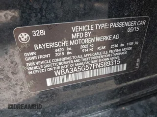 2015 BMW 3 Series 328i с VIN WBA3A5G57FNS89315, выставлен на аукционе IAAI как лот 42293358 с пробегом Не указан миль и . История ставок и продаж доступна на DreamBid. Изображение 9.