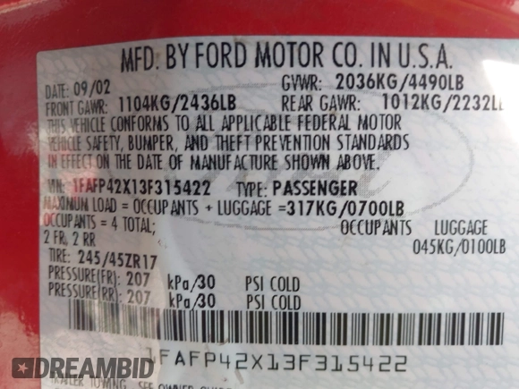 2003 Ford Mustang GT Deluxe with VIN 1FAFP42X13F315422, listed as a IAAI auction lot 42282000 with 200,721 mi miles and . Bid and sale history available at DreamBid. Image 9.