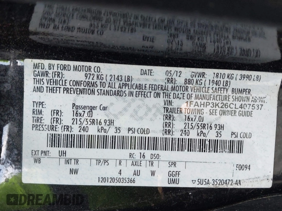 2012 Ford Focus SE with VIN 1FAHP3K26CL407537, listed as a IAAI auction lot 42109655 with 159,347 mi miles and . Bid and sale history available at carsss.com. Image 9.
