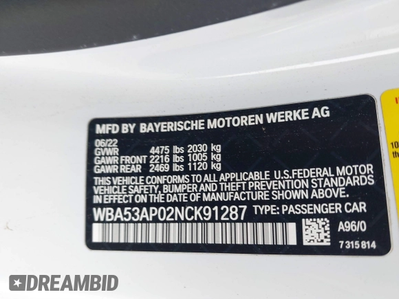 2022 BMW 4 Series 430i with VIN WBA53AP02NCK91287, listed as a IAAI auction lot 41448686 with 27,046 mi miles and . Bid and sale history available at carsss.com. Image 9.