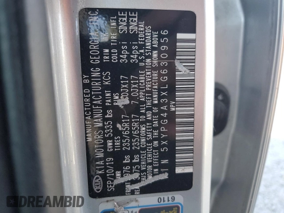 2020 Kia Sorento L with VIN 5XYPG4A3XLG630956, listed as a Copart auction lot 50085525 with 67,377 mi miles and Salvage Title. Bid and sale history available at carsss.com. Image 15.