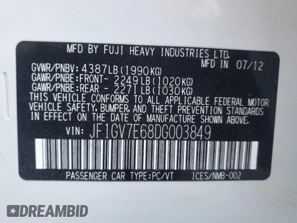 2013 Subaru WRX WRX with VIN JF1GV7E68DG003849, listed as a Copart auction lot 83584974 with 125,069 mi miles and Salvage title. Bid and sale history available at DreamBid. Image 13.