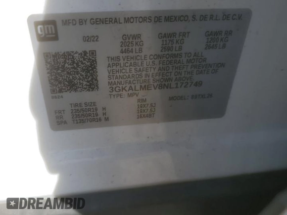 2022 GMC Terrain SLE z VIN 3GKALMEV8NL172749, wystawiony jako Copart lot #55876415 z przebiegiem Nie podano mil oraz Szkoda całkowita • Salvage title. Historia ofert i sprzedaży dostępna na DreamBid. Obrazek 13.