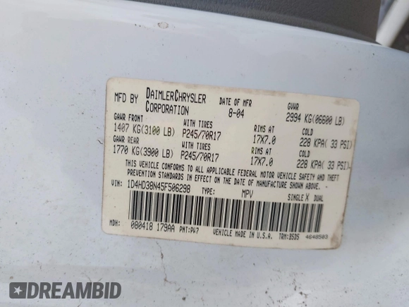 2005 Dodge Durango SXT with VIN 1D4HD38N45F506298, listed as a IAAI auction lot 41198077 with 119,391 mi miles and . Bid and sale history available at DreamBid. Image 9.