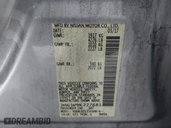 2017 Nissan Altima SV z VIN 1N4AL3AP9HC227681, wystawiony jako IAAI lot #41489297 z przebiegiem 162 459 mil mil oraz . Historia ofert i sprzedaży dostępna na DreamBid. Obrazek 9.