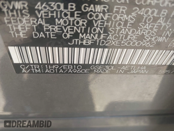 2014 Lexus IS 250 with VIN JTHBF1D2XE5000962, listed as a IAAI auction lot 42403697 with 110,106 mi miles and . Bid and sale history available at DreamBid. Image 9.