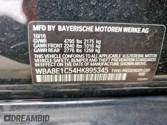 2017 BMW 3 Series 330e iPerformance with VIN WBA8E1C54HK895345, listed as a Copart auction lot 51351045 with 82,140 mi miles and Salvage Title. Bid and sale history available at carsss.com. Image 14.