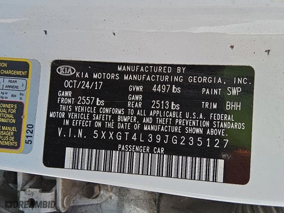 2018 Kia Optima LX with VIN 5XXGT4L39JG235127, listed as a Copart auction lot 48732245 with 141,586 mi miles and Clean Title. Bid and sale history available at carsss.com. Image 12.