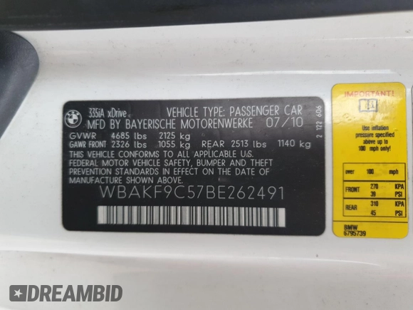 2011 BMW 3 Series 335i xDrive with VIN WBAKF9C57BE262491, listed as a Copart auction lot 61056225 with 181,577 mi miles and Clean title. Bid and sale history available at DreamBid. Image 12.
