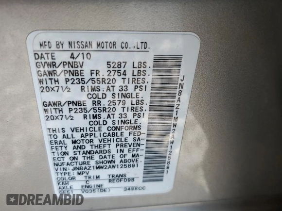 2010 Nissan Murano SL z VIN JN8AZ1MW2AW125891, wystawiony jako Copart lot #59665025 z przebiegiem 82 680 mil mil oraz Czysty tytuł • Clean title. Historia ofert i sprzedaży dostępna na DreamBid. Obrazek 13.