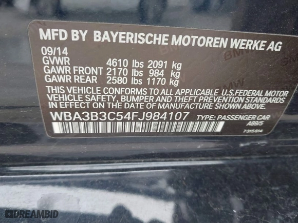2015 BMW 3 Series 328i xDrive with VIN WBA3B3C54FJ984107, listed as a IAAI auction lot 41565829 with NaN miles. Bid and sale history available at carsss.com. Image 9.